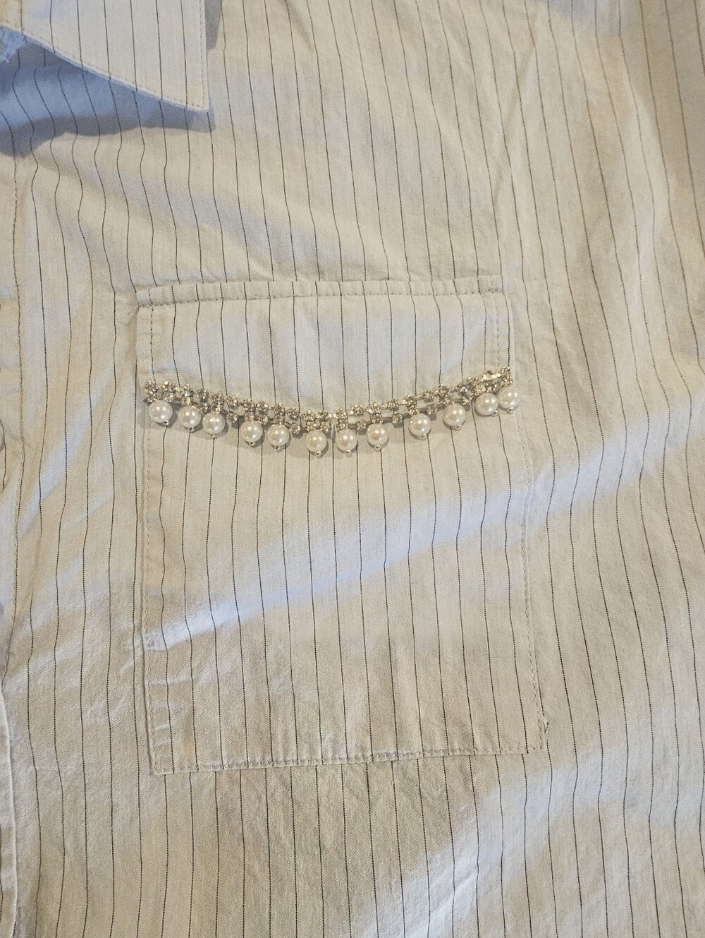 Zara Embellished Pinstripe Button-Up Shirt – Blue & White – Size Large - Picture 3 of 8